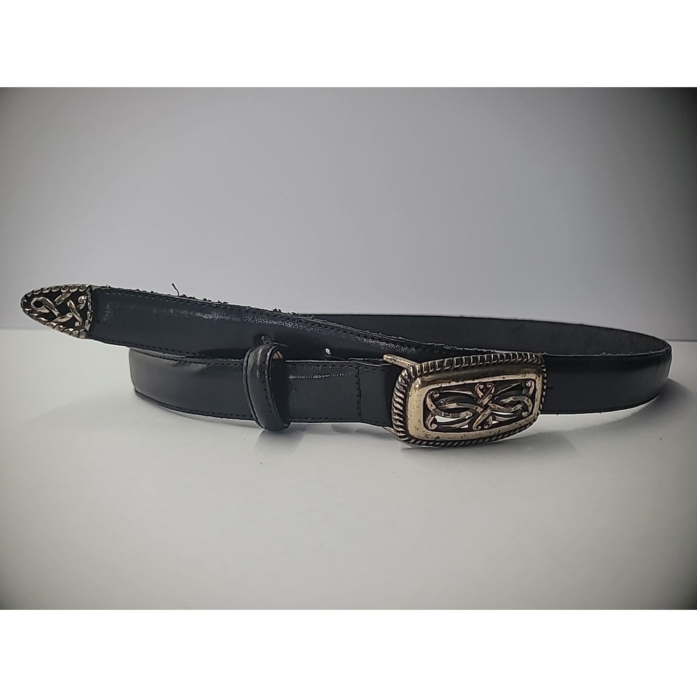 Vintage Brighton Belt Women Silver‎ Tone Buckle Tip Black M Medium Keeper